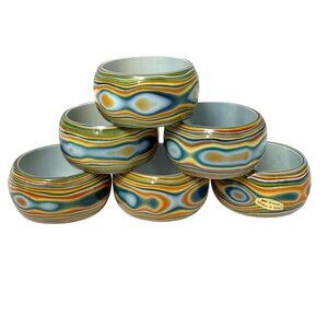 Set of 6 Napkin Rings Vintage Marbleized Swirl Blue Multicolor